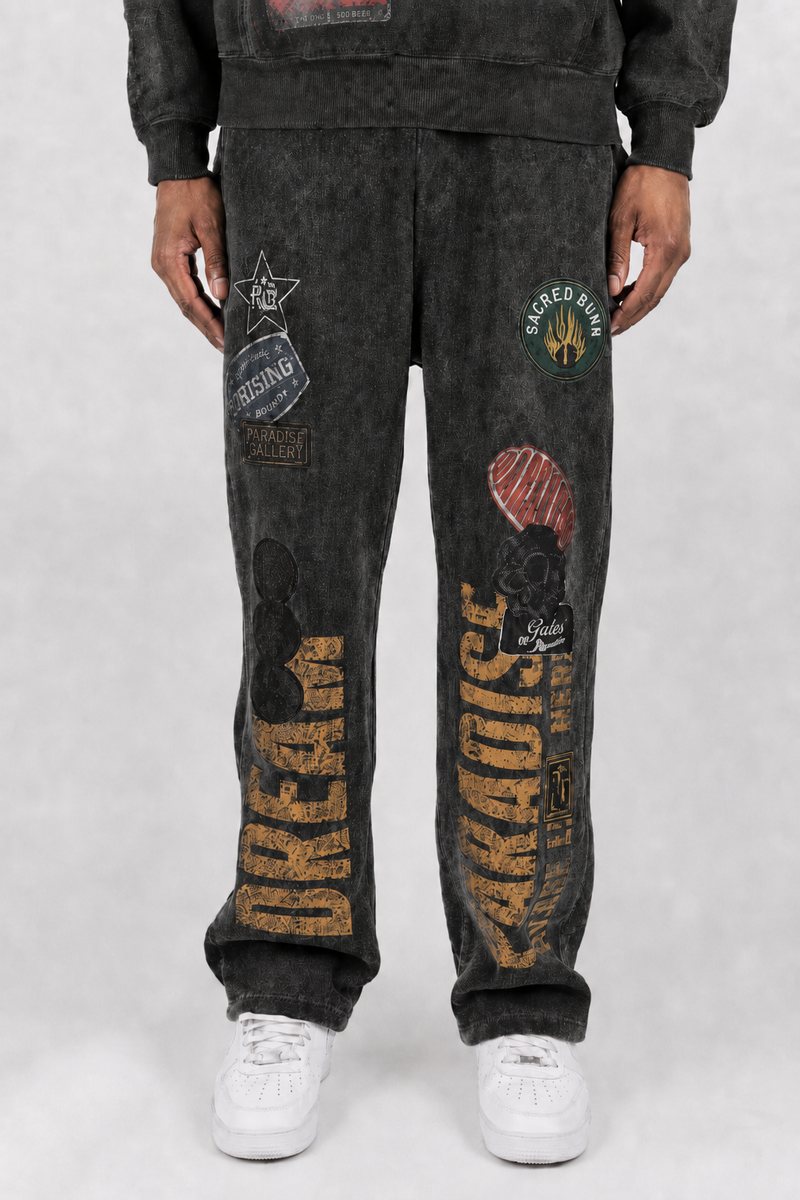 Rebel Minds Dreams Of Paradise Patches Wide Leg Stacked Sweatpants
