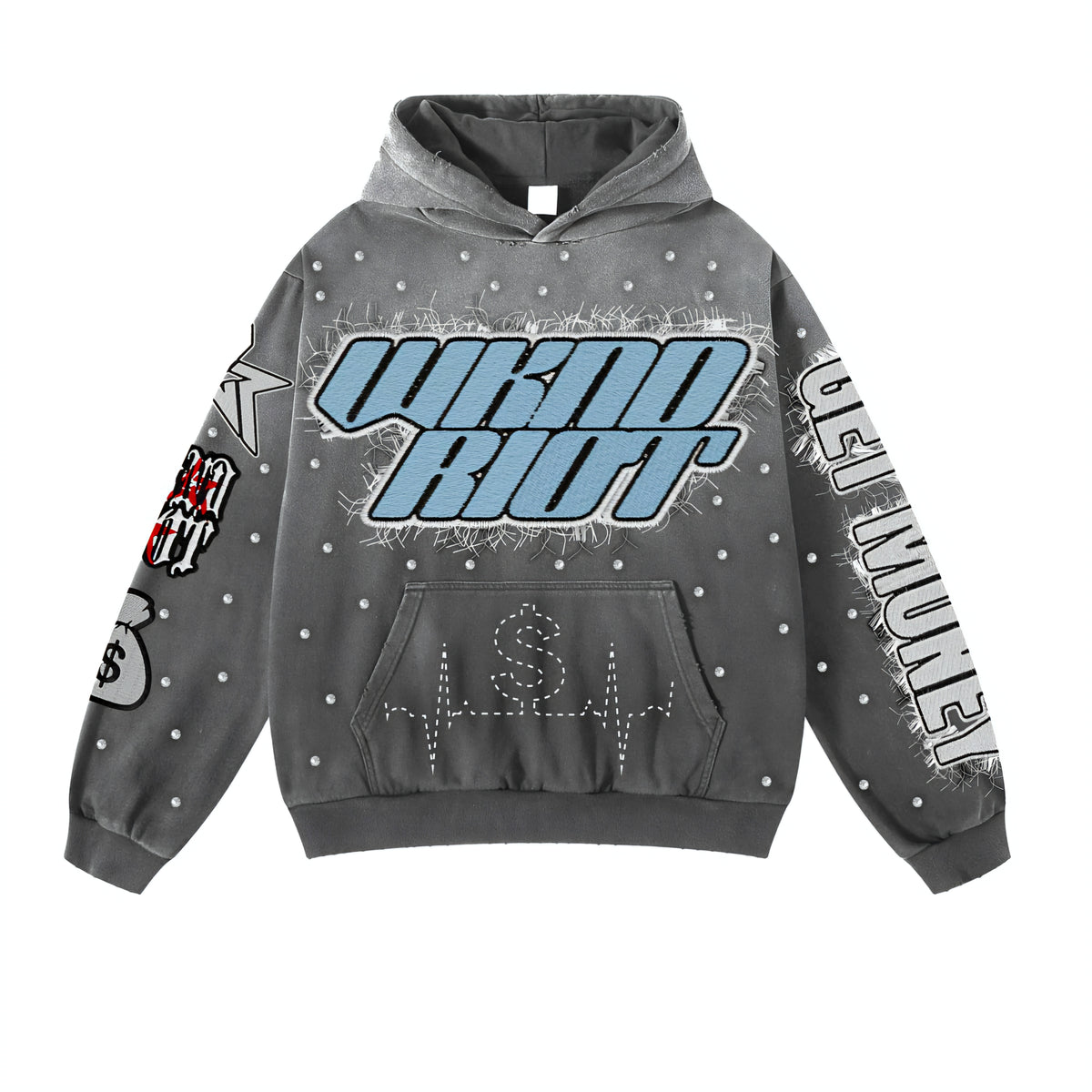 Wknd Riot Hustle Hard Patches & Rhinestone Hoodie