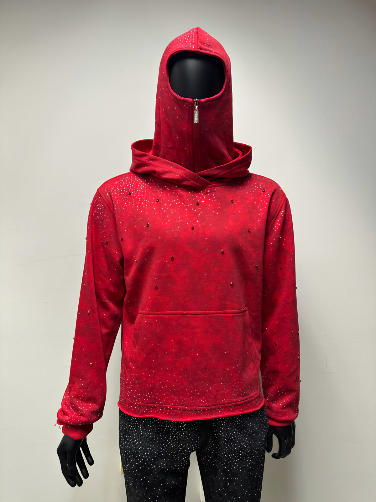 BKYS VVS Flooded Rhinestone Hoodie With Ski Mask Attached (Red)