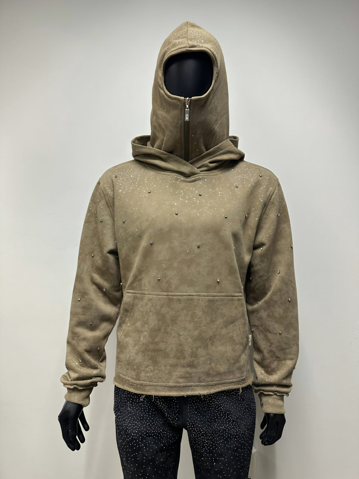 BKYS VVS Flooded Rhinestone Hoodie With Ski Mask Attached (Vintage Khaki)