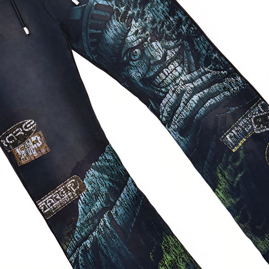 Rare Peace The City Is Mine Washed F. Terry Stacked Jogger w/ Rhinestone Details