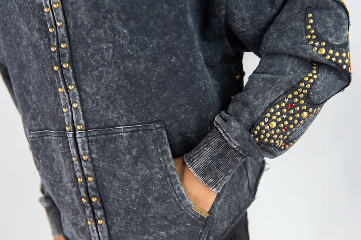 Rebel Denim Firefest Full Zip Premium Rhinestones & Studded Hoodie (Black)