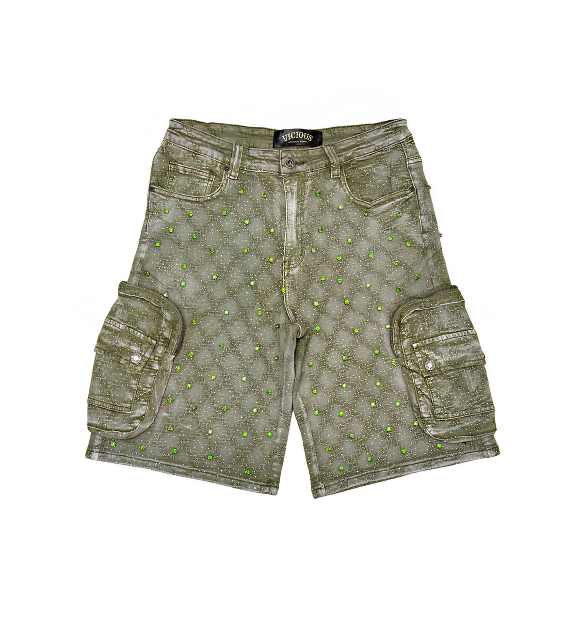 Vicious Embellished Rhinestone Denim Shorts (Green)