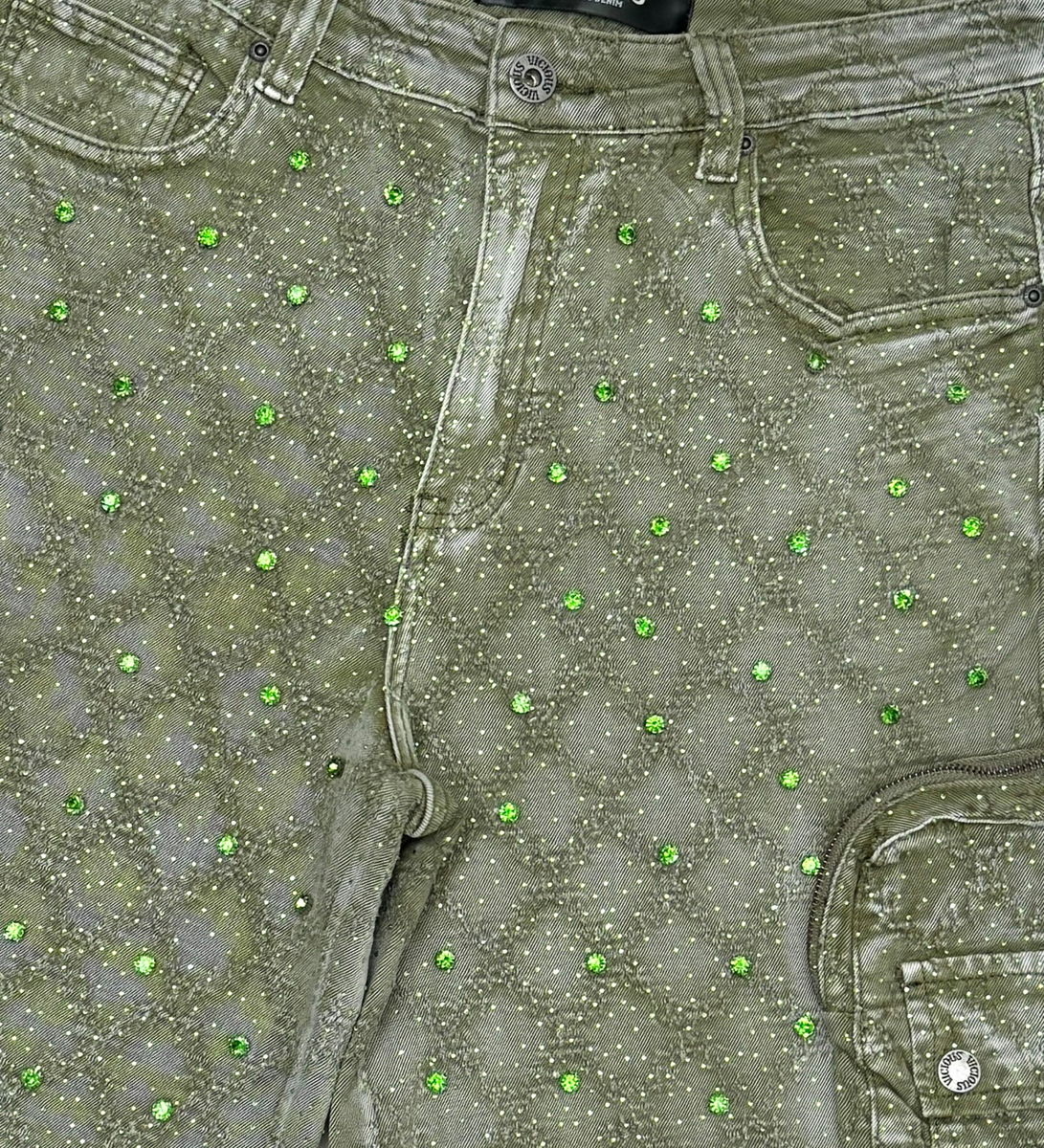 Vicious Embellished Rhinestone Denim Shorts (Green)