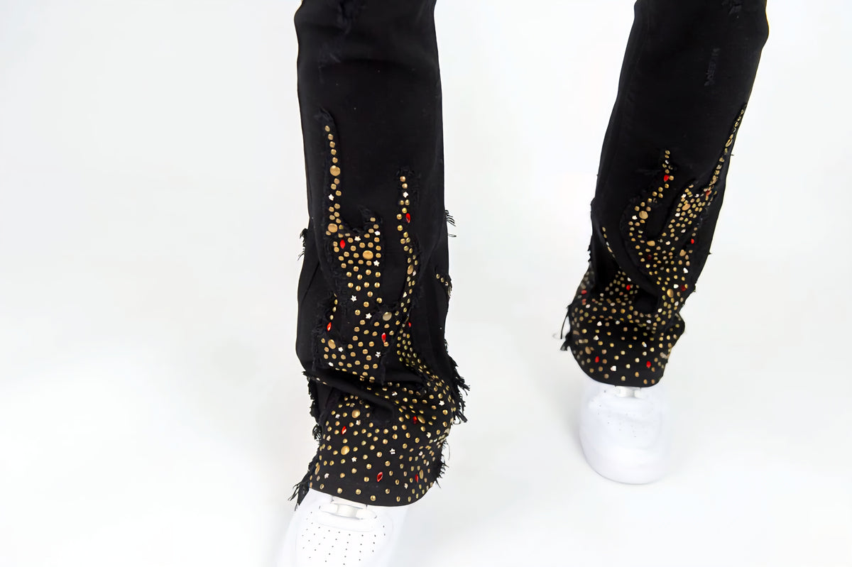 Rebel Denim Firefest Rhinestone Studded Stacked Denim (Black)