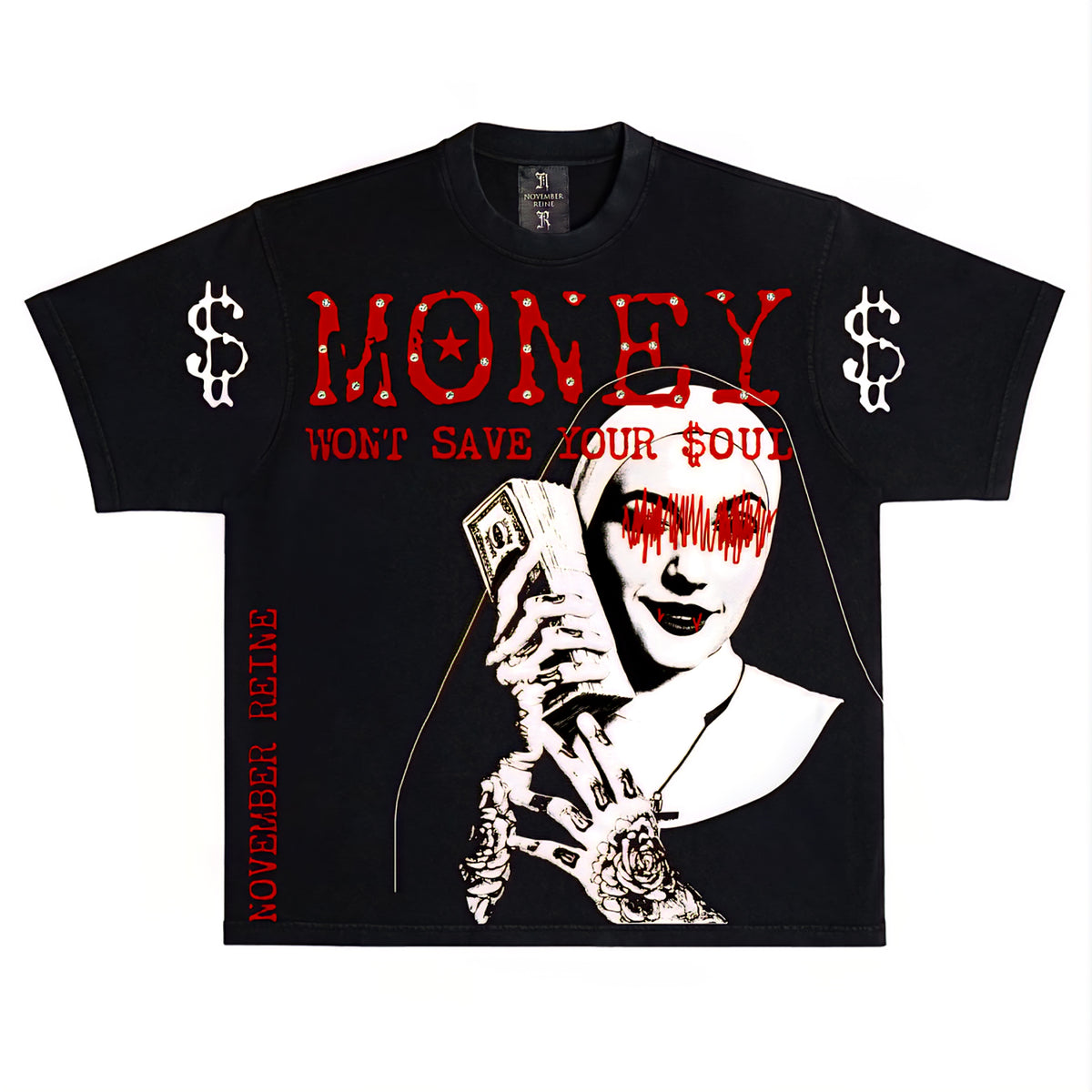 November Reine Money Won't Save You Luxury Heavyweight T-shirt With Rhinestones (Black)