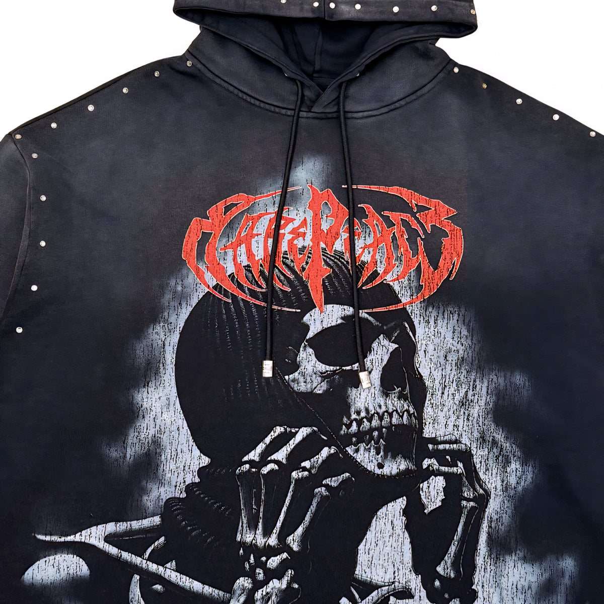 Rare Peace Bad Habits Washed F. Terry Cut Off Hoodie w/ Rhinestones