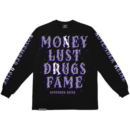 November Reine Rhinestone Money Lust Drugs Fame Luxury Heavyweight Long Sleeve T-shirt