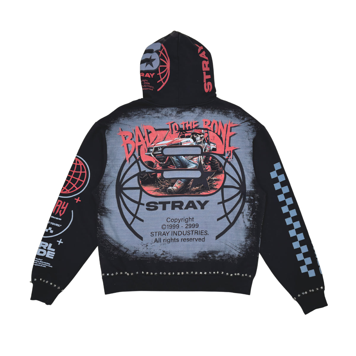 Stray Bad To The Bone Rhinestone Full Zip Premium Hoodie