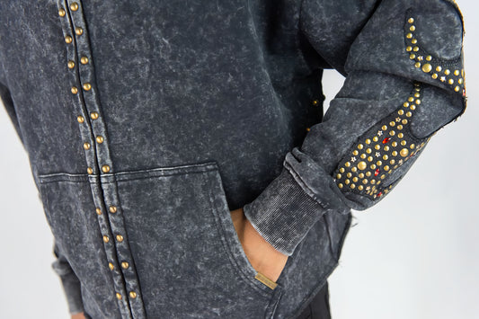 Rebel Denim Firefest Full Zip Premium Rhinestones & Studded Hoodie (Black)