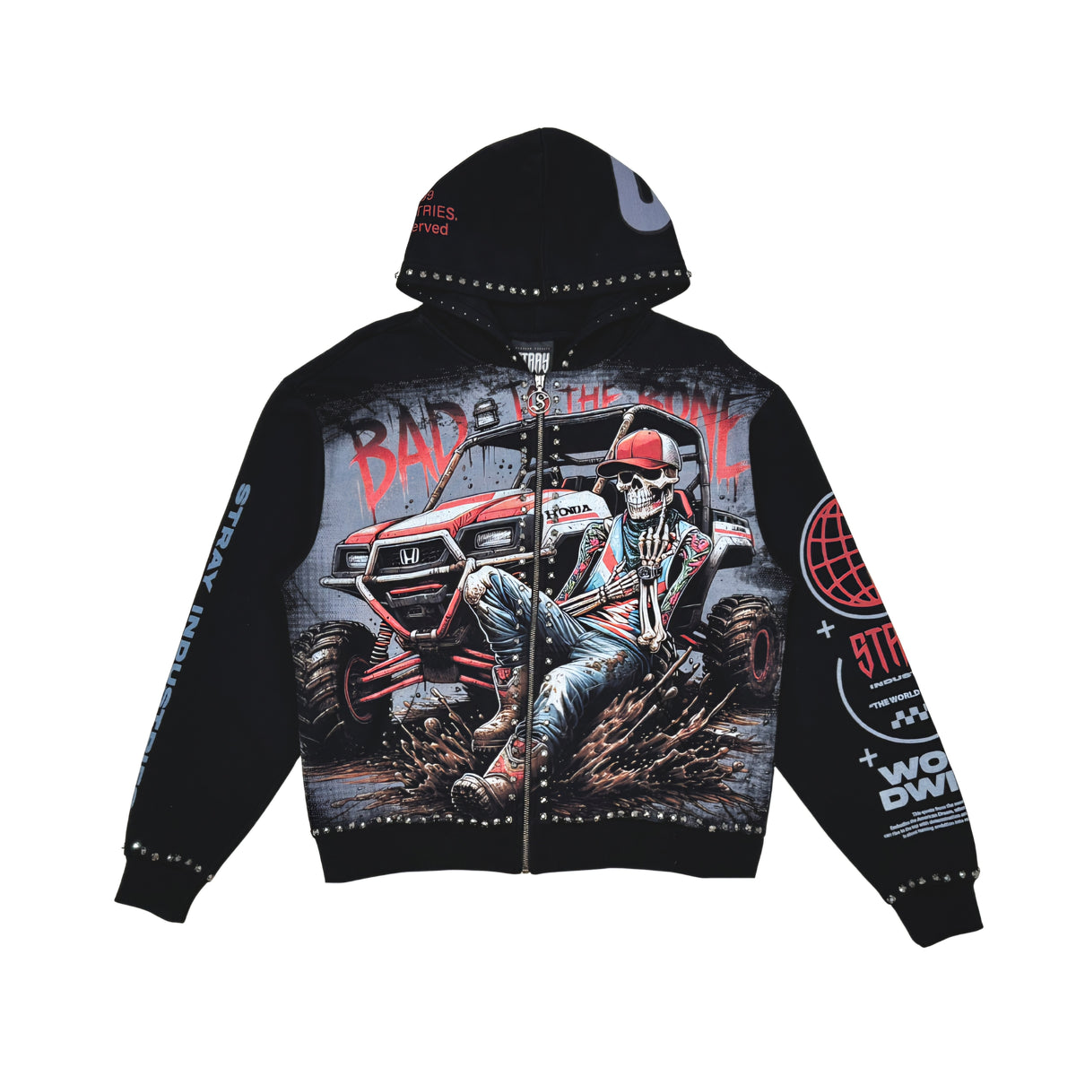 Stray Bad To The Bone Rhinestone Full Zip Premium Hoodie
