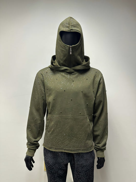 BKYS VVS Flooded Rhinestone Hoodie With Ski Mask Attached (Olive)