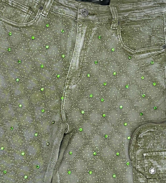 Vicious Embellished Rhinestone Denim Shorts (Green)
