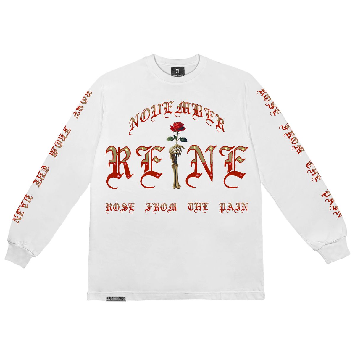 November Reine Rhinestone Rose From The Pain Luxury Heavyweight Long Sleeve T-shirt (White)