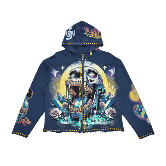 Stray Crystallized Rhinestone Full Zip Premium Cropped Hoodie (Blue)
