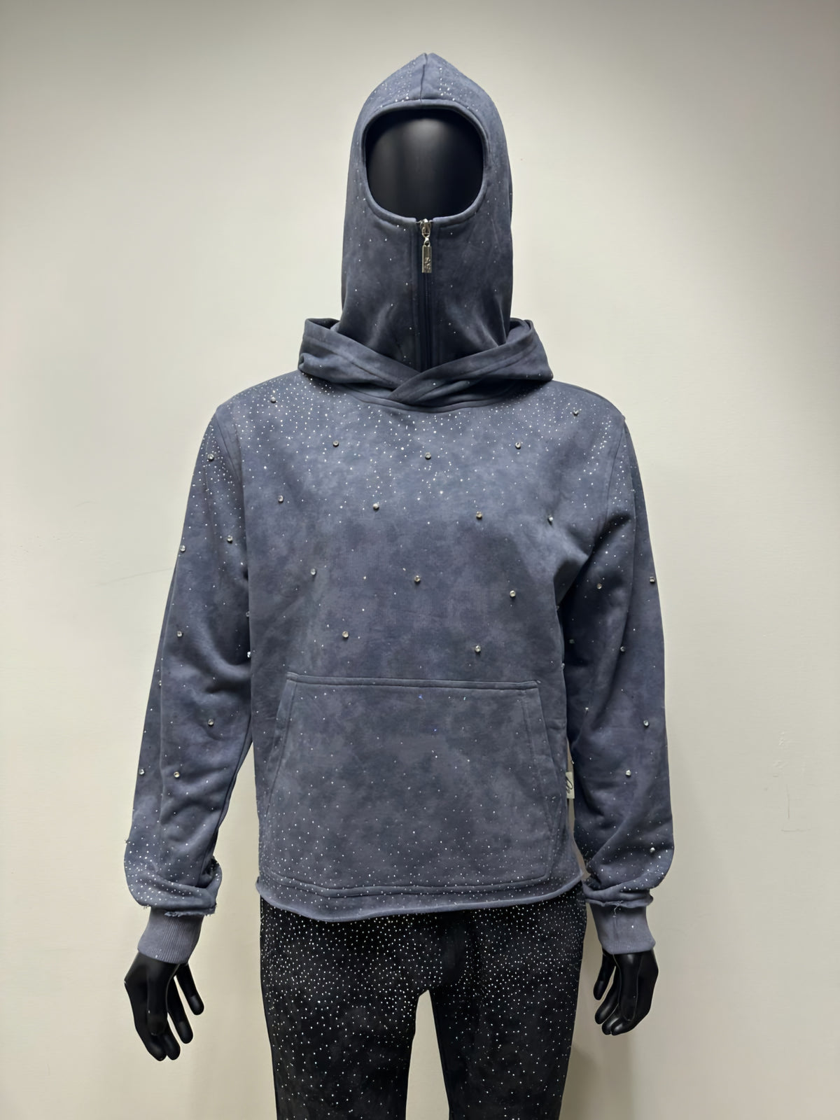 BKYS VVS Flooded Rhinestone Hoodie With Ski Mask Attached (Blue)