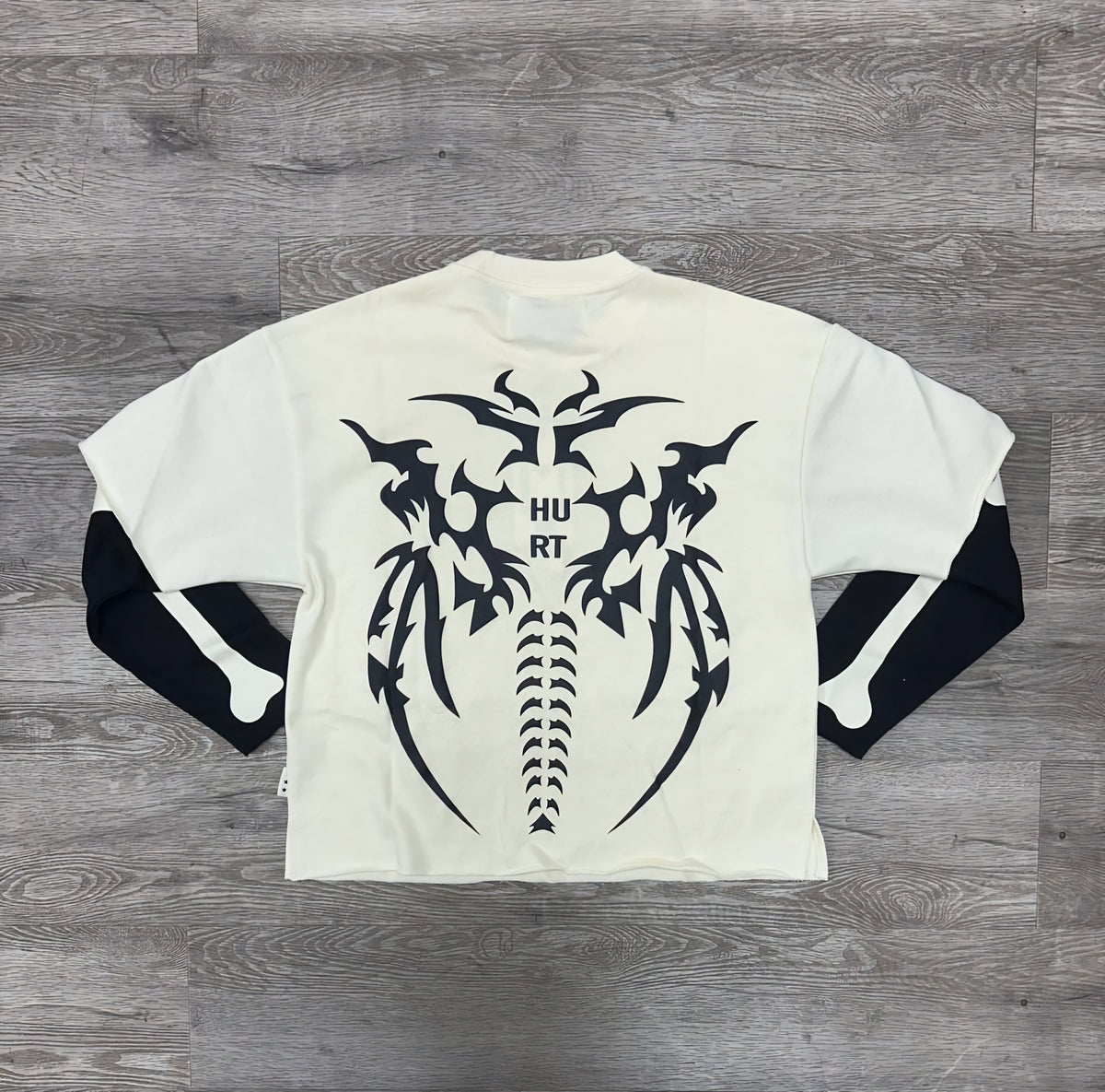 Black Keys Hurt Bones Layered Cropped Rhinestone T-shirt (Off White)