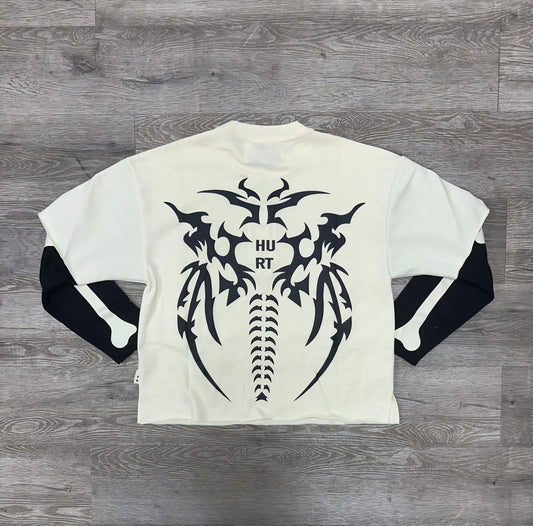 Black Keys Hurt Bones Layered Cropped Rhinestone T-shirt (Off White)