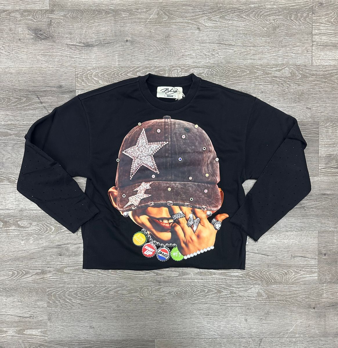 Black Keys Star Boy Layered Cropped Rhinestone T-shirt (Black)