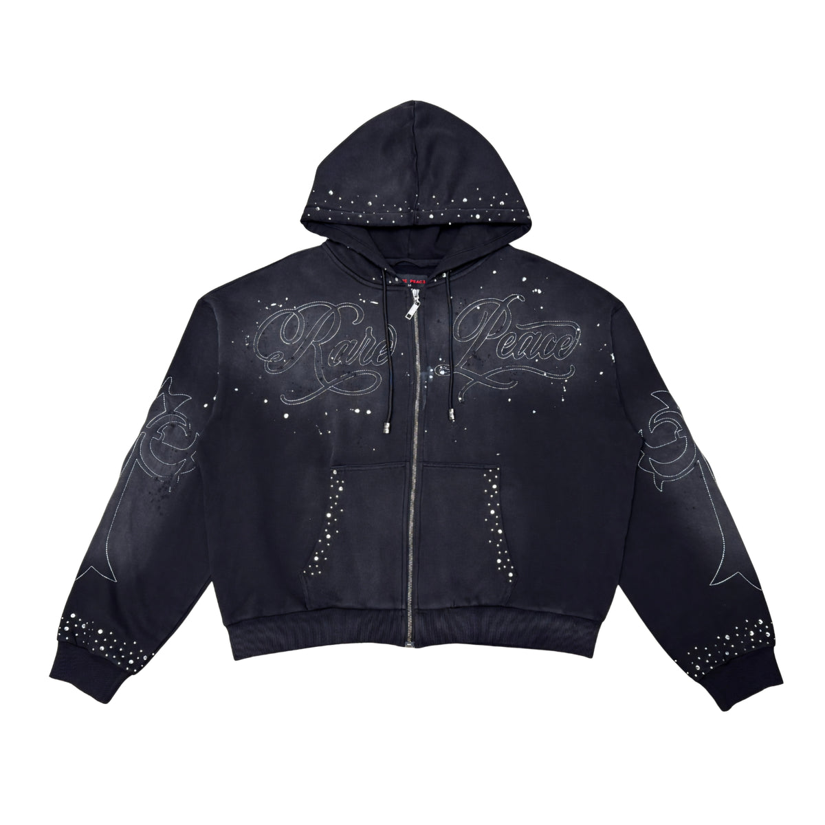Rare Peace Washed & Embossed Zip Hoodie w/ Paint & Rhinestone Details