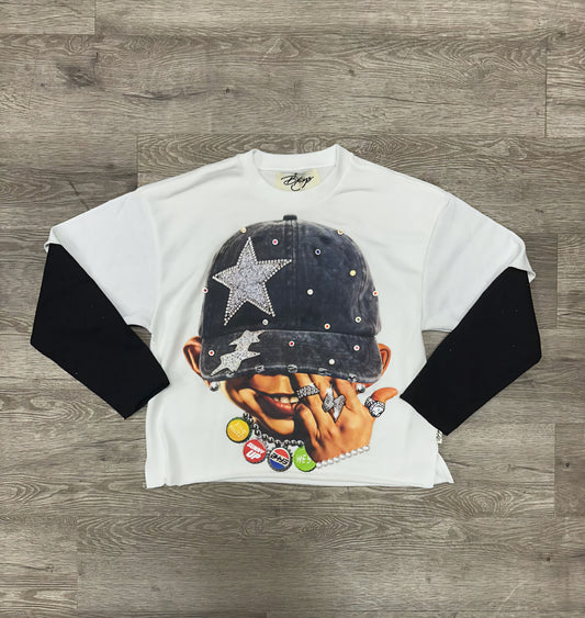 Black Keys Star Boy Layered Cropped Rhinestone T-shirt